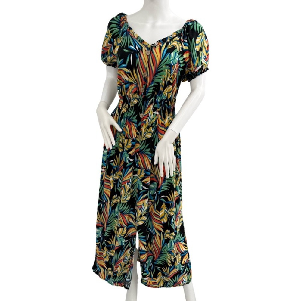 KINDRED by ANTHROPOLOGIE XL Tropical Print Smocked Waist Midi Dress Vacation